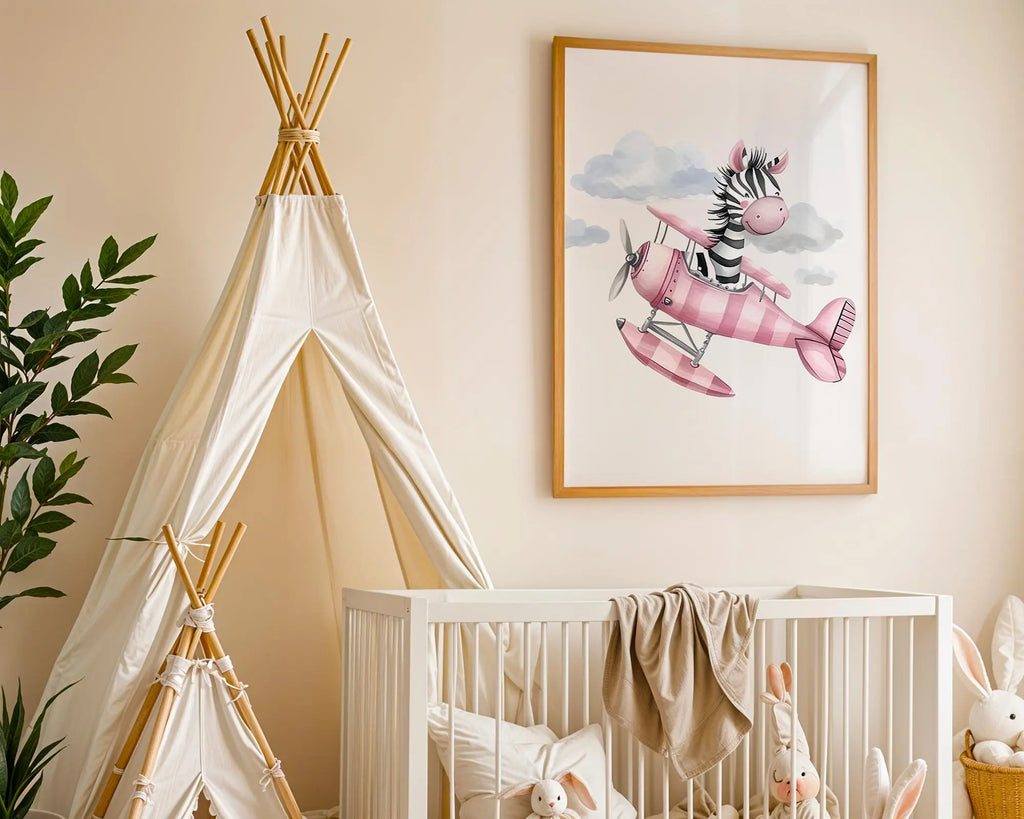 Playroom Ideas | Zebra Airplane Nursery Print | Adventure Animal Wall Art wall art print, modern home decor, unframed artwork by Nomad & Nest