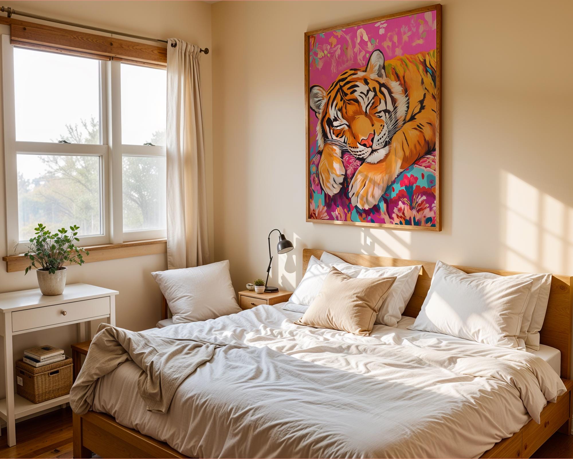 Sleeping Tiger Art Print | Pink Floral Cushion, Whimsical Jungle Decor wall art print, modern home decor, unframed artwork by Nomad & Nest