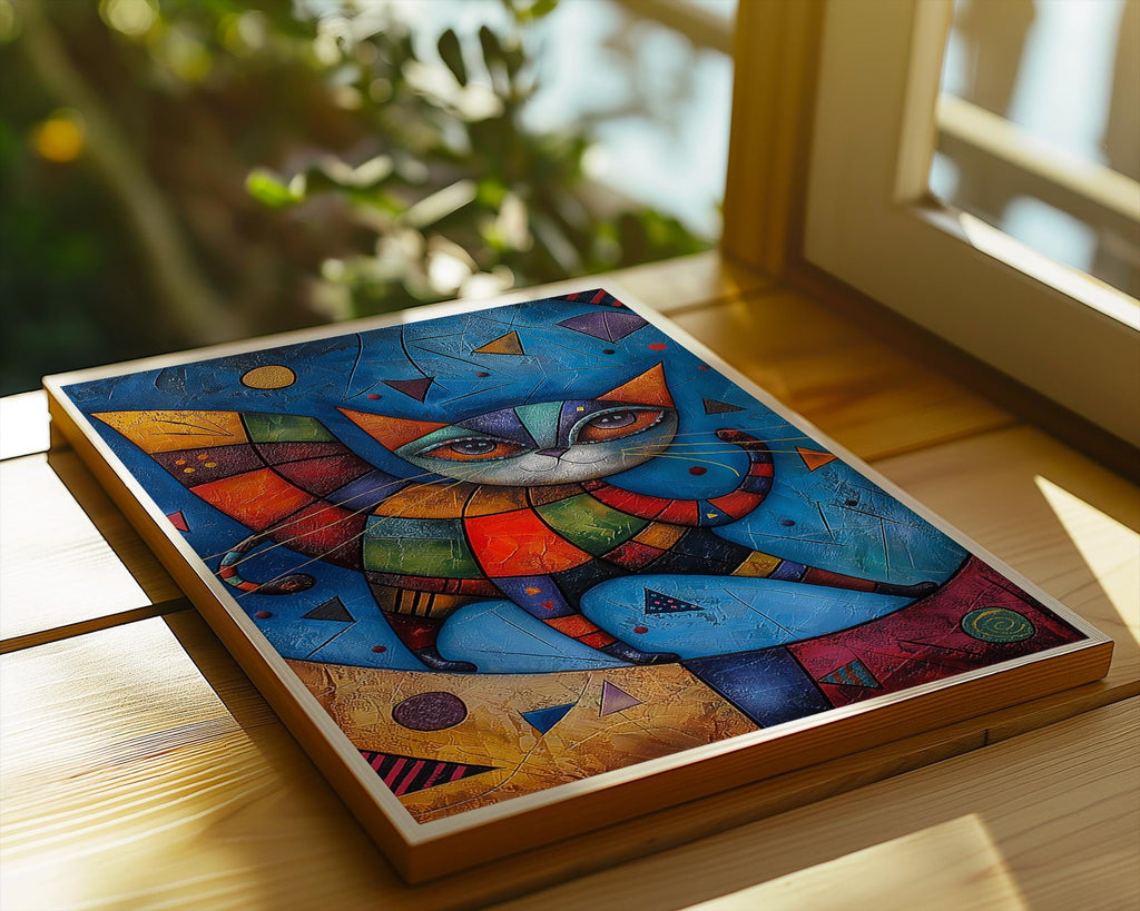 Abstract Cat Art Print | Colourful Geometric Feline Home Decor wall art print, modern home decor, unframed artwork by Nomad & Nest