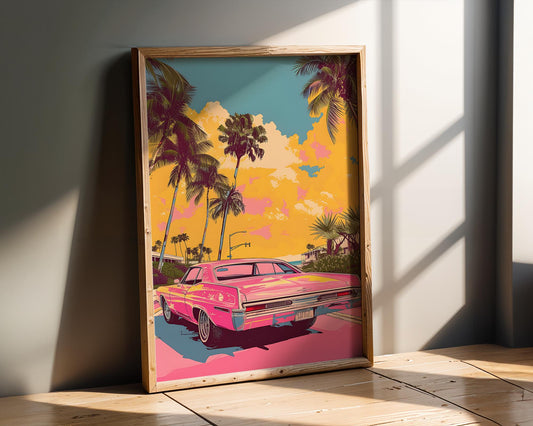 Modern Pop Art | Retro Pink Muscle Car Print | Vintage Coastal Palm Tree wall art print, modern home decor, unframed artwork by Nomad & Nest