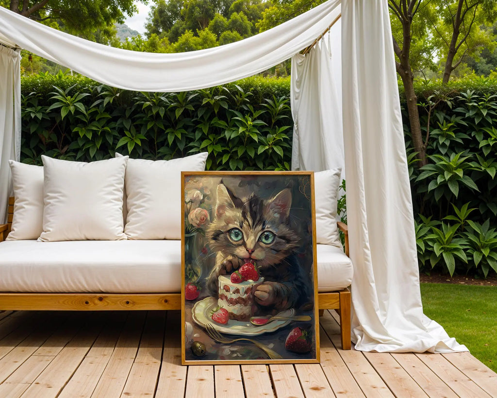 Tabby Kitten Eating Cake Art Print | Whimsical Oil Painting Style wall art print, modern home decor, unframed artwork by Nomad & Nest