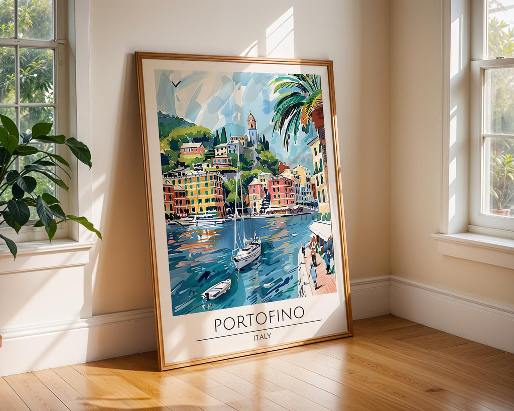 Portofino Italy Travel Poster | Colourful Seaside Village Art Print wall art print, modern home decor, unframed artwork by Nomad & Nest