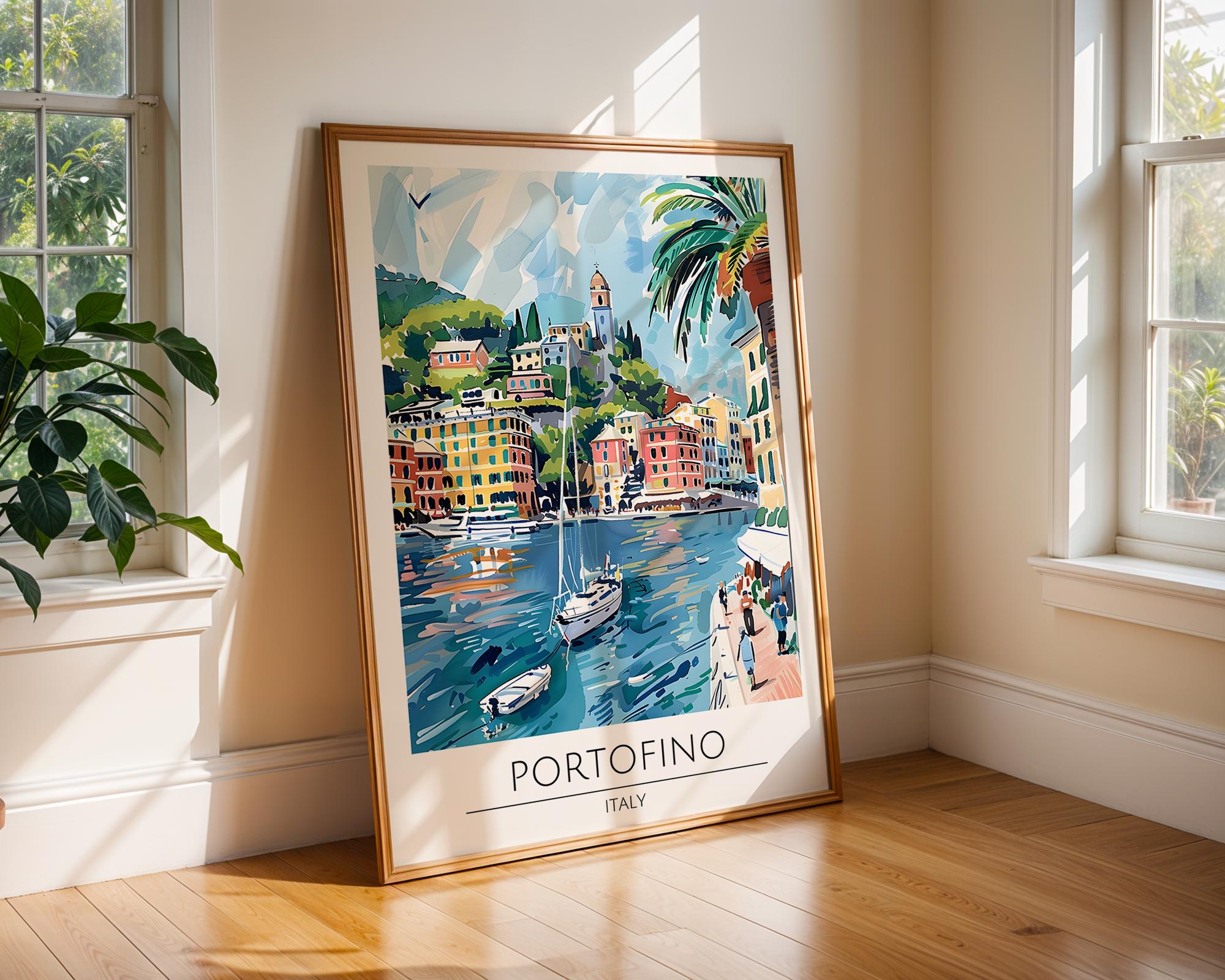 Portofino Italy Travel Poster | Colourful Seaside Village Art Print wall art print, modern home decor, unframed artwork by Nomad & Nest