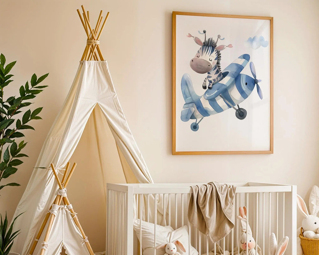 Playroom Ideas | Zebra Plane Nursery Art | Blue Aviation Baby Decor wall art print, modern home decor, unframed artwork by Nomad & Nest