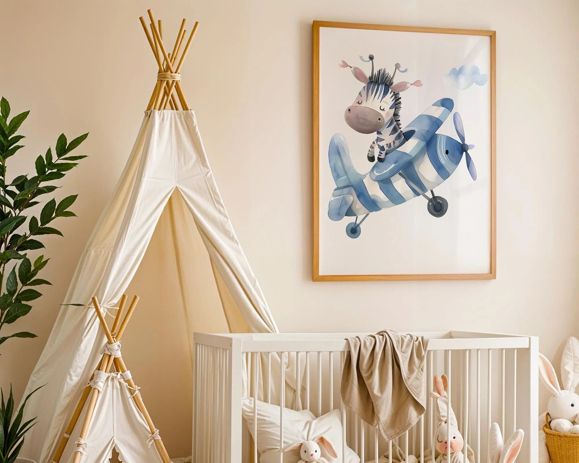 Playroom Ideas | Zebra Plane Nursery Art | Blue Aviation Baby Decor wall art print, modern home decor, unframed artwork by Nomad & Nest