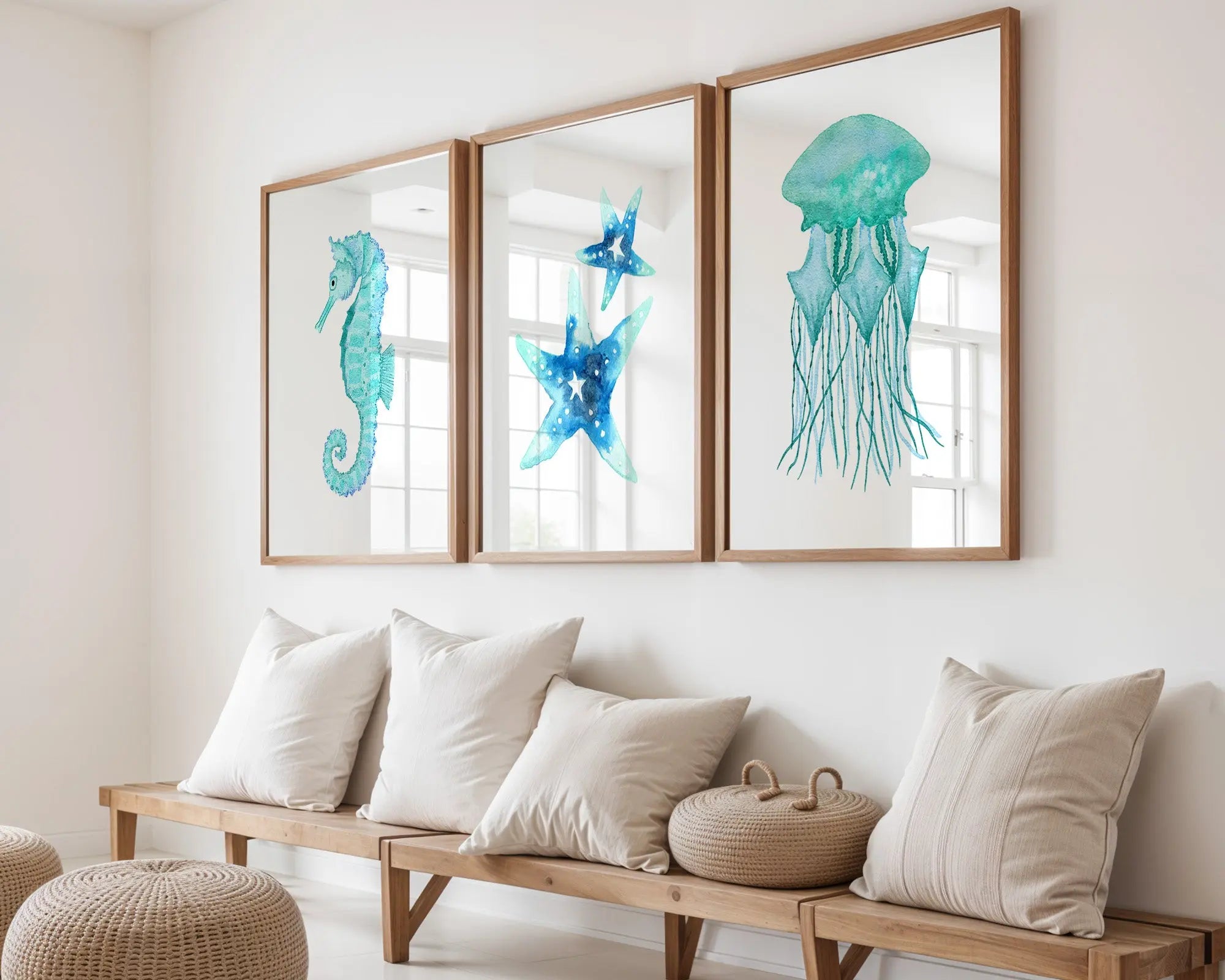 Colourful Prints | Watercolour Sea Creatures Print Set | Coastal Bathroom Decor (Set of 3) wall art print, modern home decor, unframed artwork by Nomad & Nest