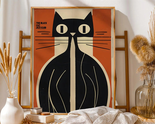 Black Cat Jazz Club Art Print | Retro Mid-Century Modern Wall Art wall art print, modern home decor, unframed artwork by Nomad & Nest