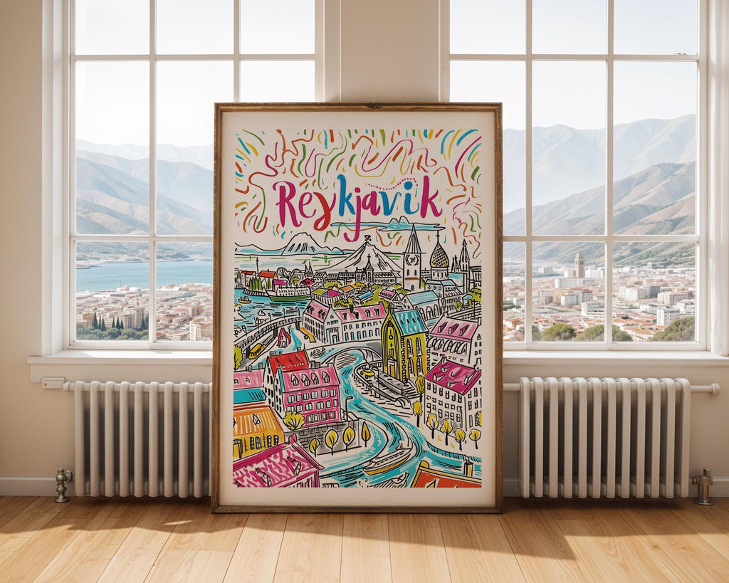 Reykjavik Iceland Travel Poster | Colorful Nordic Cityscape Art Print wall art print, modern home decor, unframed artwork by Nomad & Nest