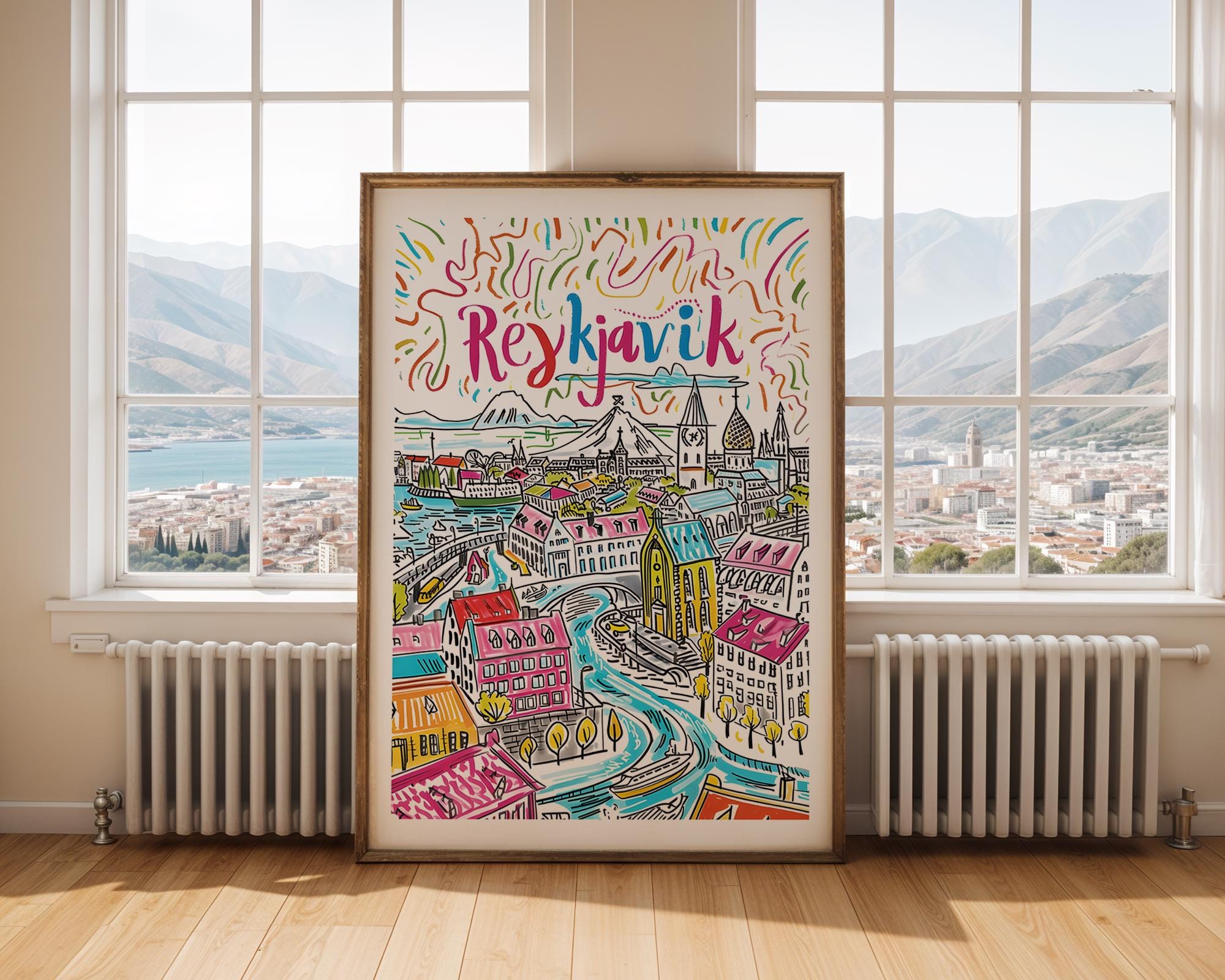 Reykjavik Iceland Travel Poster | Colorful Nordic Cityscape Art Print wall art print, modern home decor, unframed artwork by Nomad & Nest