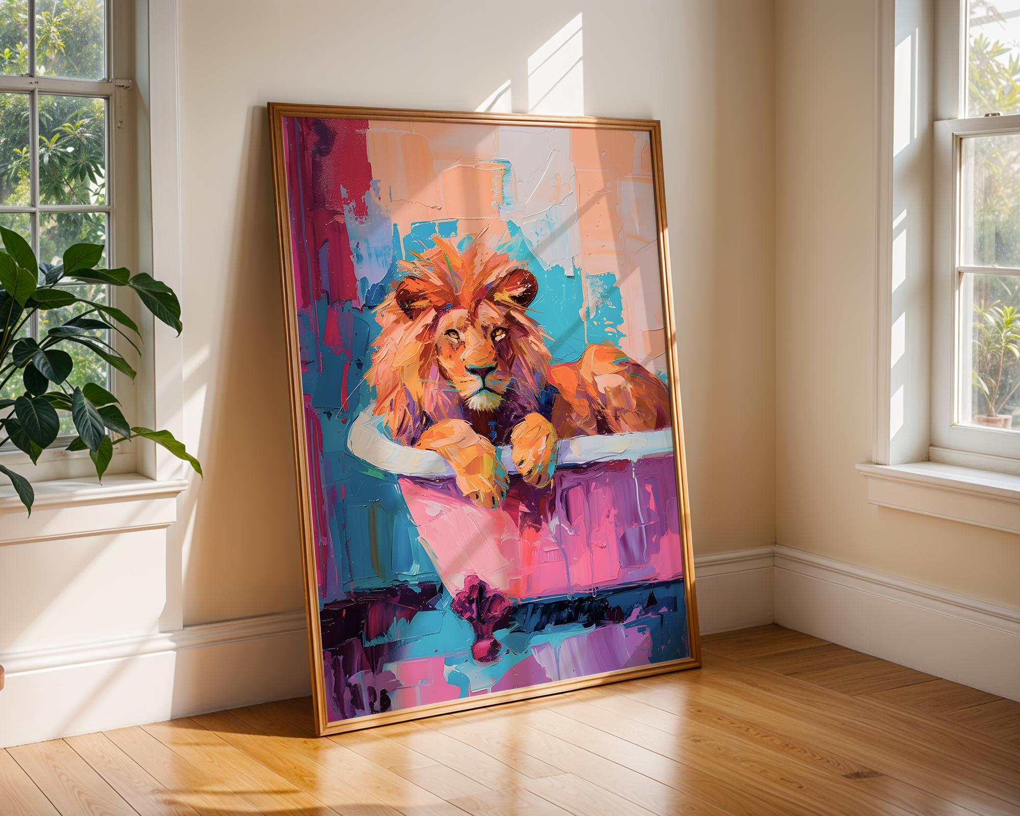 Colourful Prints | Abstract Lion Bath Print |  Jungle Animal Wall Art wall art print, modern home decor, unframed artwork by Nomad & Nest
