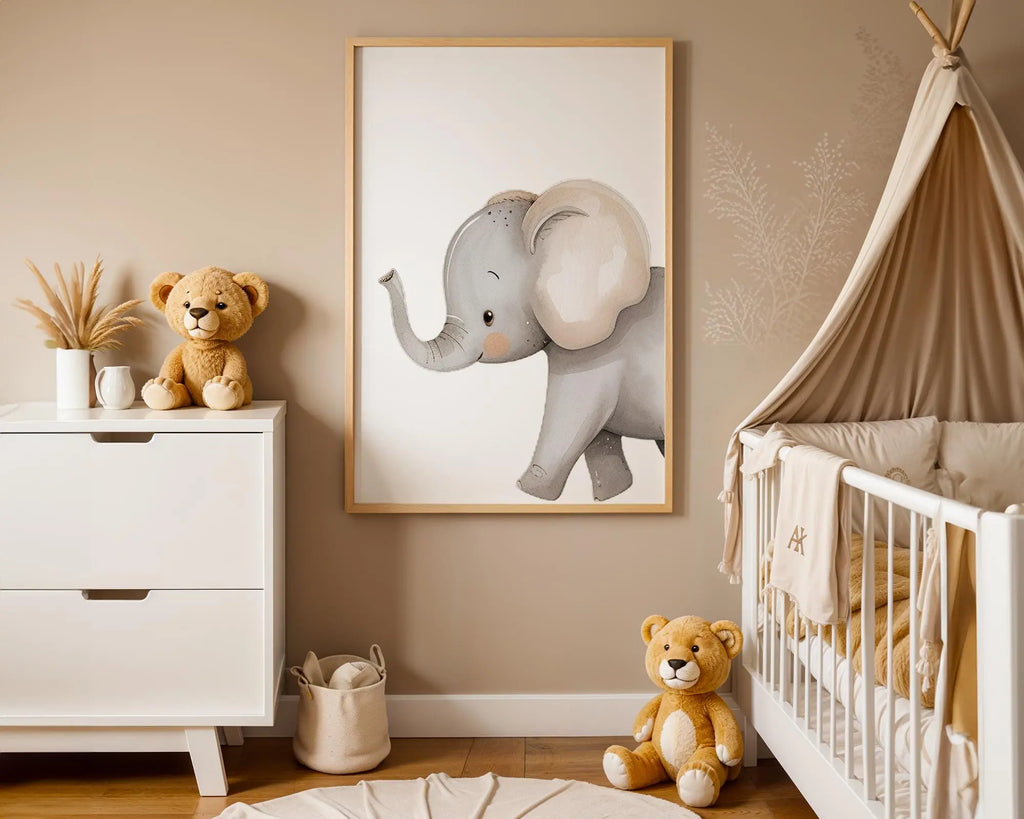 Playroom Ideas | Gentle Elephant Calf Nursery Wall Art | Soft Safari Print wall art print, modern home decor, unframed artwork by Nomad & Nest