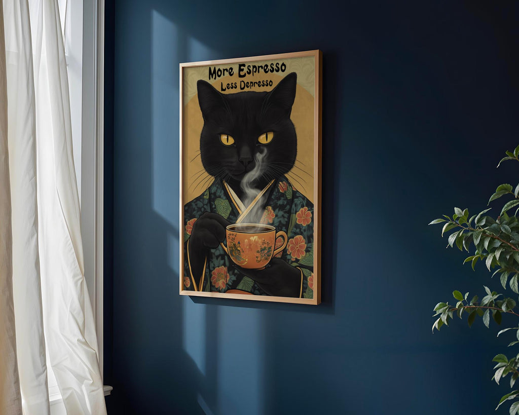 Japanese Poster | Black Cat Espresso Print –  Kimono Feline wall art print, modern home decor, unframed artwork by Nomad & Nest