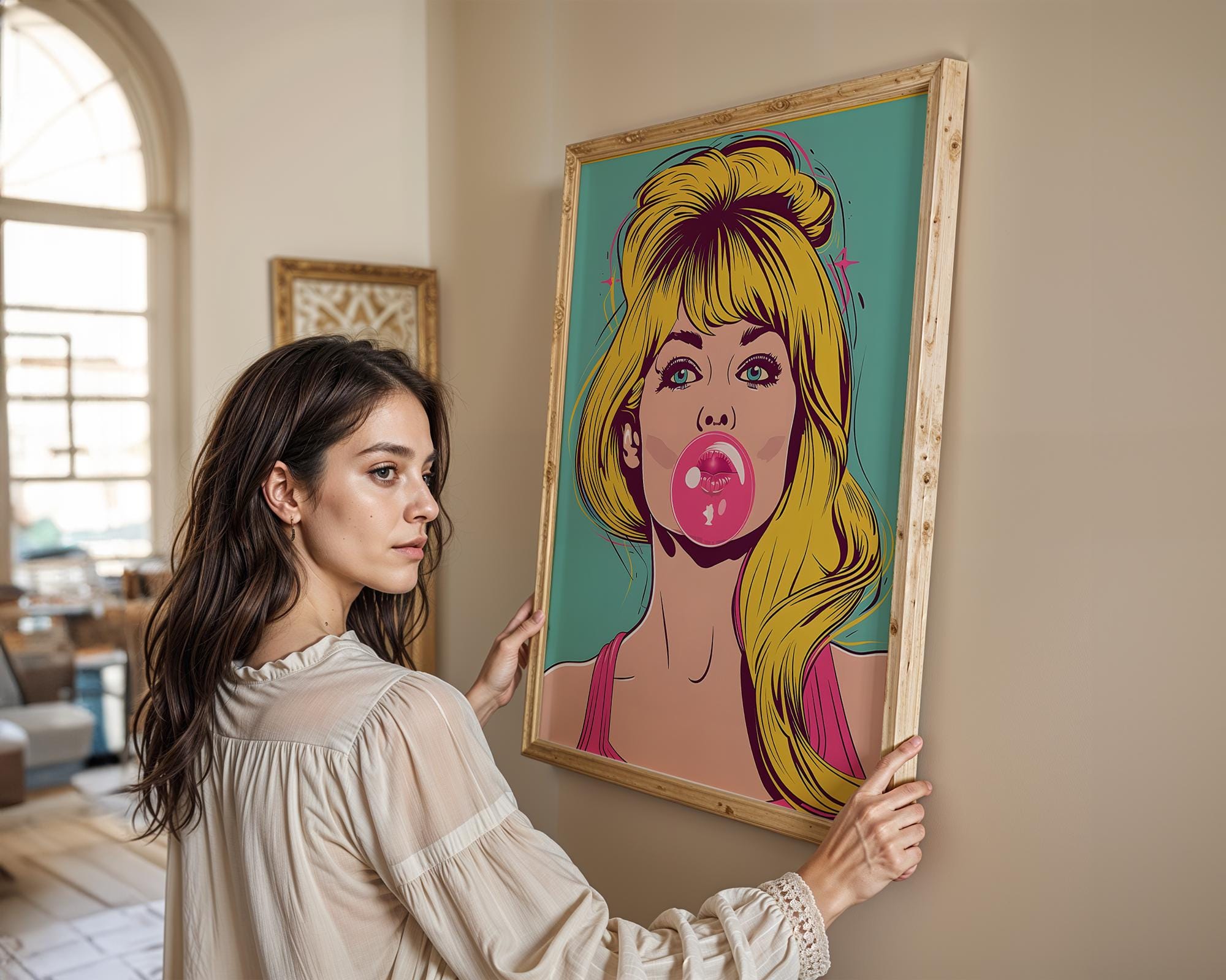 Modern Pop Art | Print | Blonde Bubble Gum Girl, Retro Comic Style wall art print, modern home decor, unframed artwork by Nomad & Nest