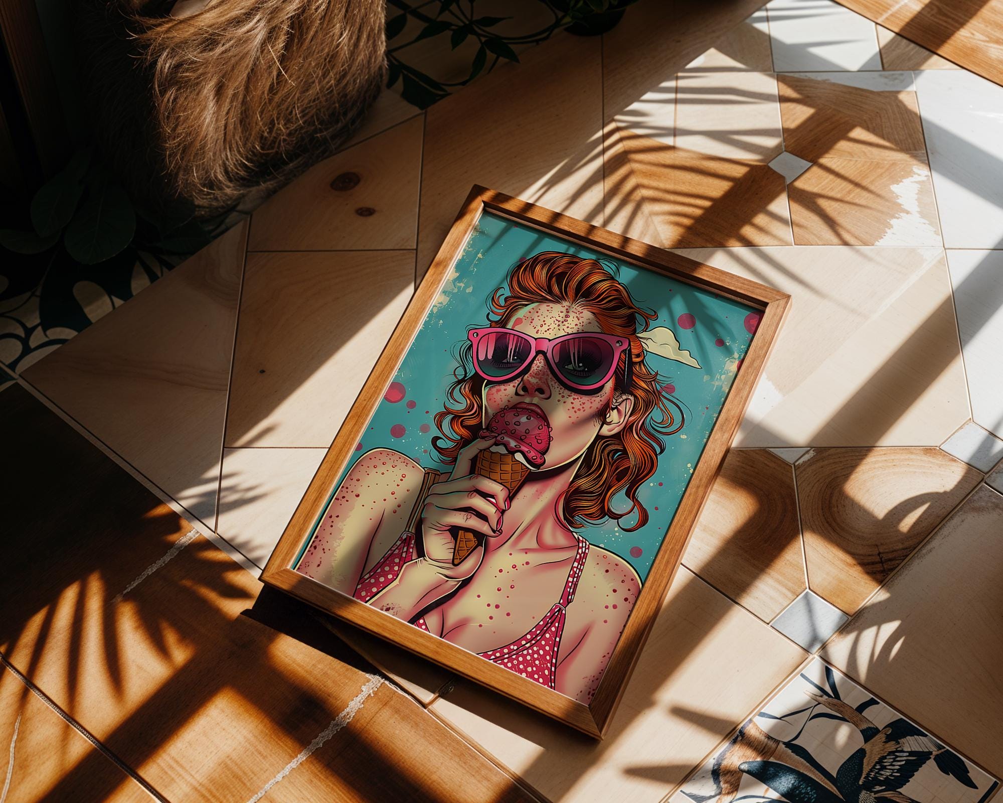 Modern Pop Art | Woman with Ice Cream Print | Retro Summer Illustration wall art print, modern home decor, unframed artwork by Nomad & Nest