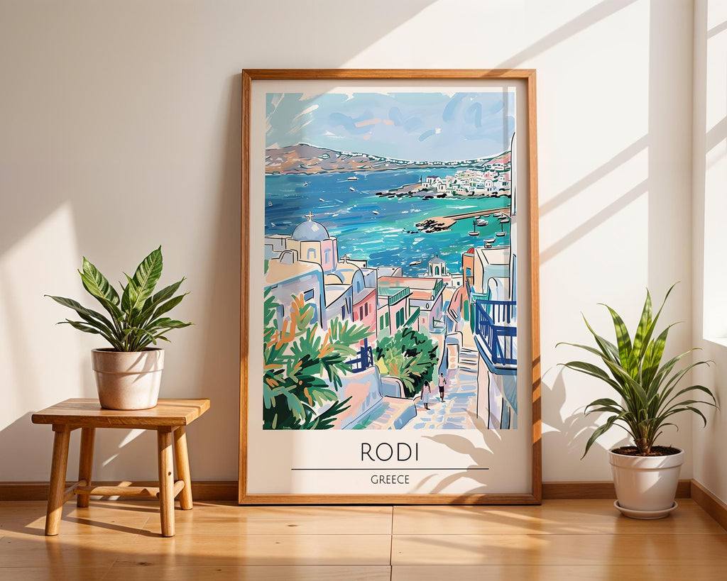 Rhodes Greece Art Print | Rodi Island Coastal Travel Poster wall art print, modern home decor, unframed artwork by Nomad & Nest