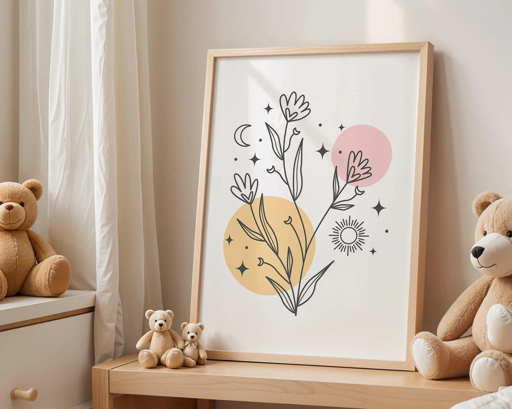 Playroom Ideas | Boho Floral Nursery Wall Art | Sun Moon Botanical Illustration wall art print, modern home decor, unframed artwork by Nomad & Nest