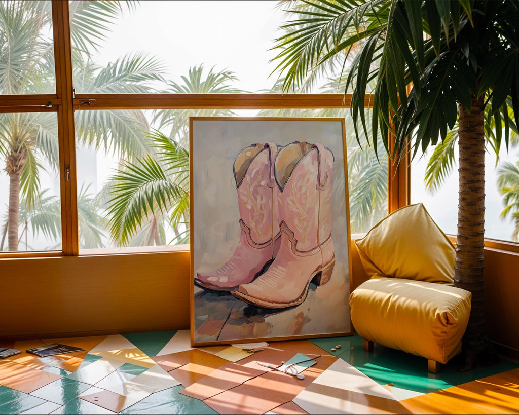 Pink Cowgirl Boots Oil Painting | Modern Western Art Poster wall art print, modern home decor, unframed artwork by Nomad & Nest