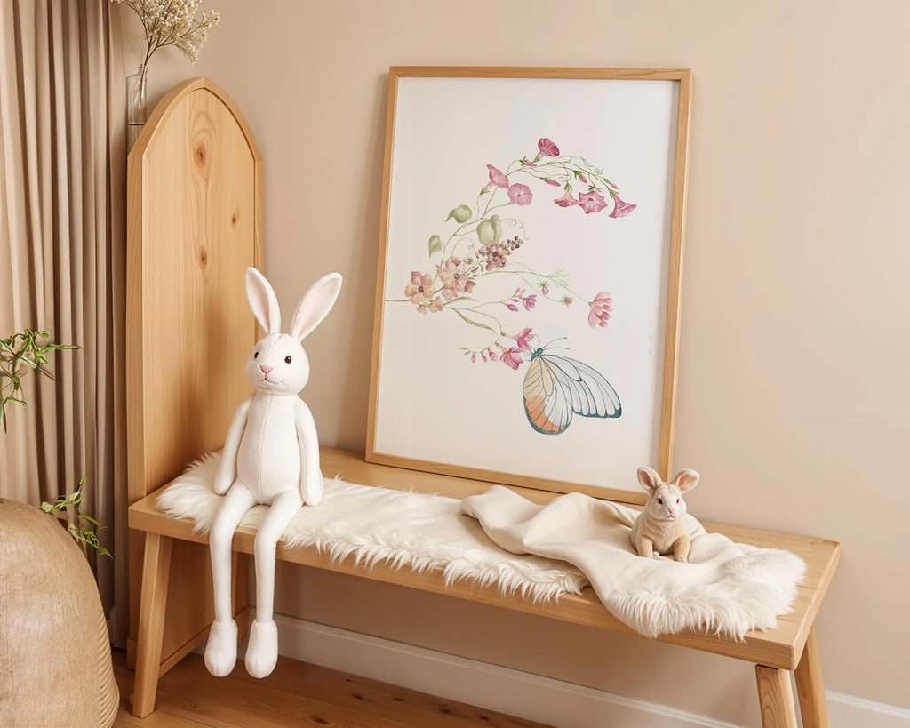 Playroom Ideas | Floral Butterfly Nursery Art – Soft Botanical Baby Print wall art print, modern home decor, unframed artwork by Nomad & Nest