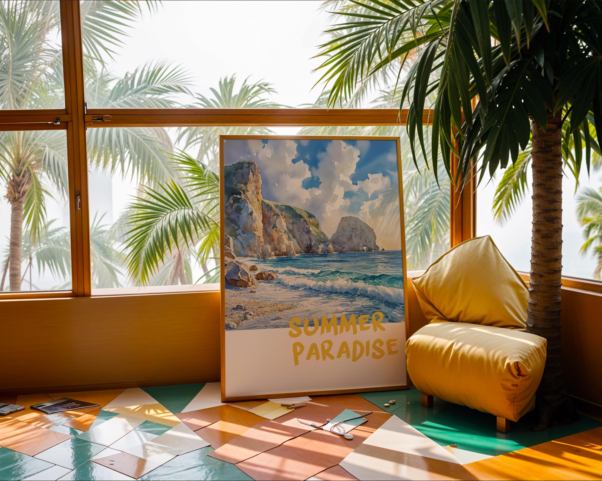 Colourful Prints | Coastal Cliffs Beach Scene Art Print | Summer Travel Poster wall art print, modern home decor, unframed artwork by Nomad & Nest