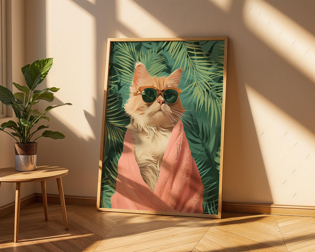 Colourful Prints | Tropical Ginger Cat Art Print | Funny Pink Towel, Palm Leaf Decor wall art print, modern home decor, unframed artwork by Nomad & Nest
