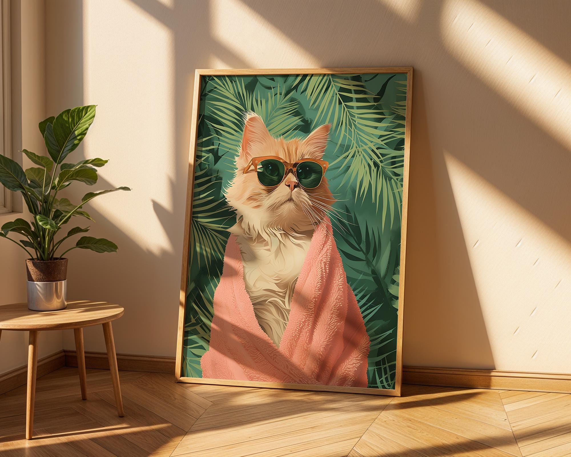 Colourful Prints | Tropical Ginger Cat Art Print | Funny Pink Towel, Palm Leaf Decor wall art print, modern home decor, unframed artwork by Nomad & Nest