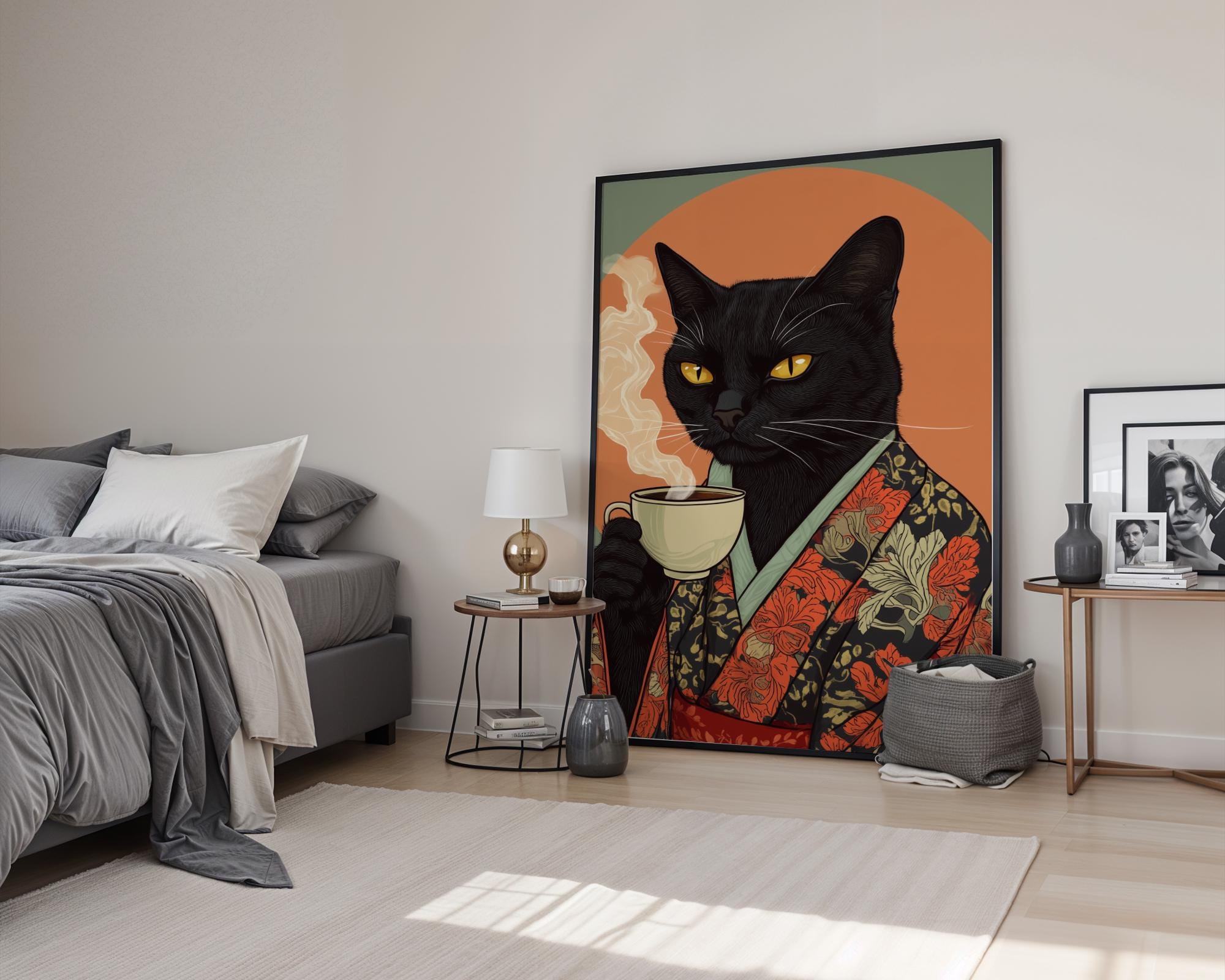 Japanese Poster | Kimono Black Cat Print – Coffee Lover Art wall art print, modern home decor, unframed artwork by Nomad & Nest