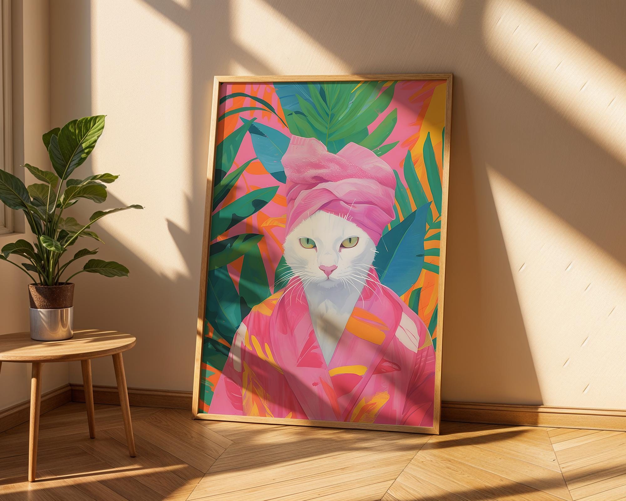 Colourful Prints | Funny Cat Print | Tropical Bathroom Art, Spa Day Poster wall art print, modern home decor, unframed artwork by Nomad & Nest