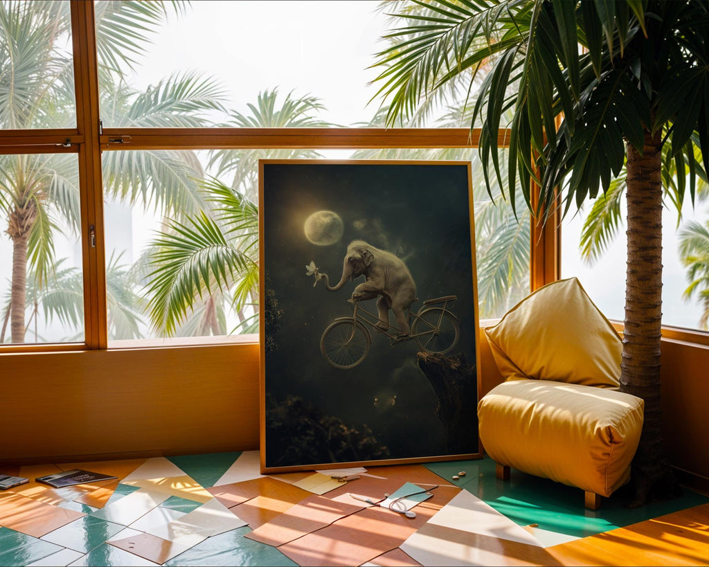 Elephant on Bicycle Print | Surreal Animal Art, Nursery Decor wall art print, modern home decor, unframed artwork by Nomad & Nest