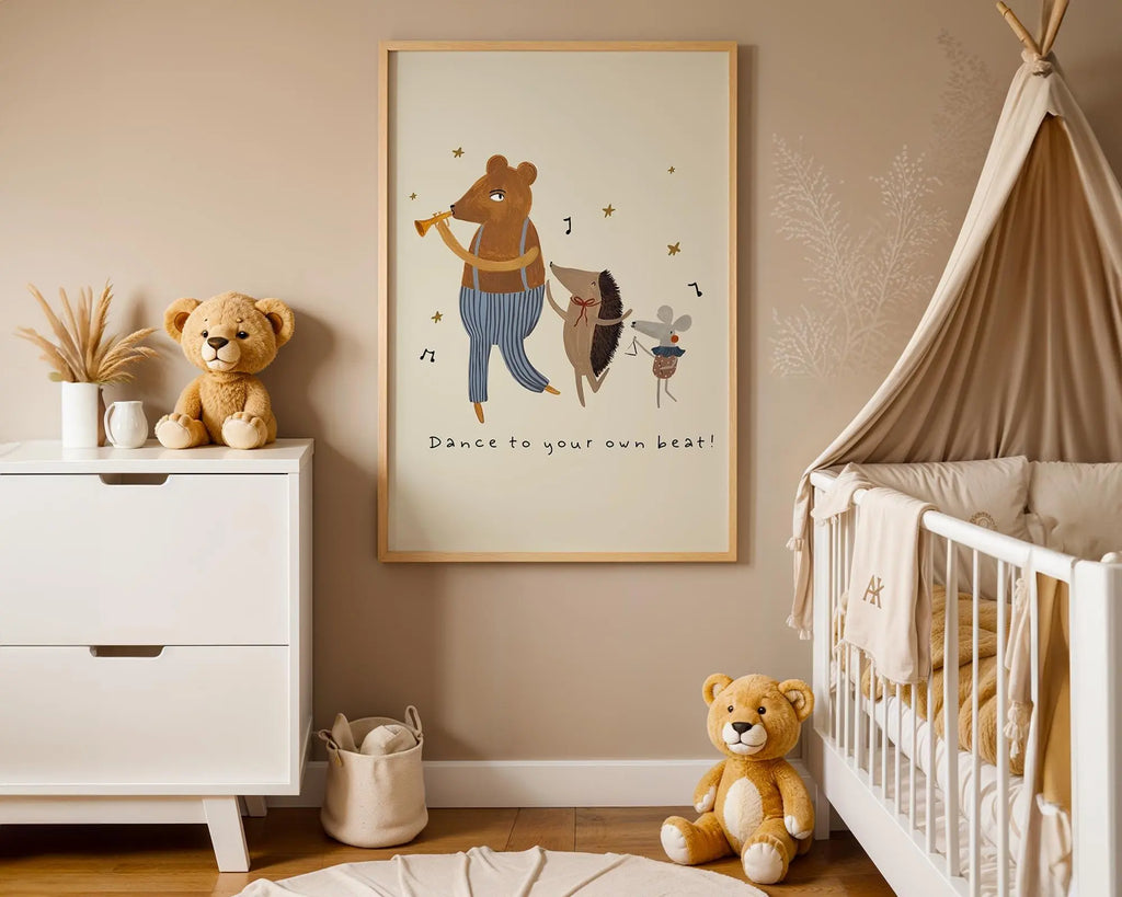 Playroom Ideas | Dance To Your Own Beat Nursery Wall Art Boho Animal Music Print wall art print, modern home decor, unframed artwork by Nomad & Nest