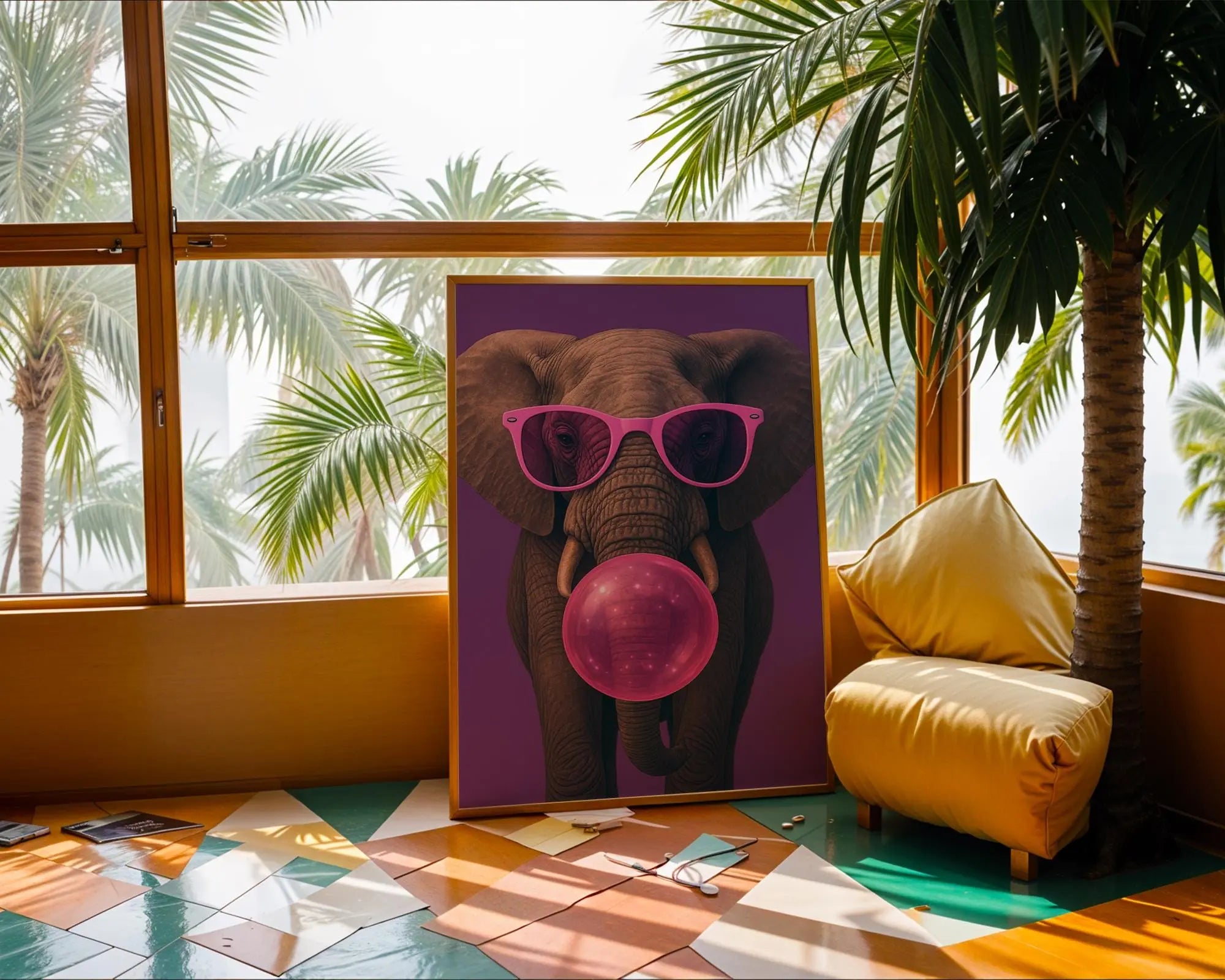 Colourful Prints | Elephant Bubblegum Art Print | Funky Pink Glasses, Pop Art wall art print, modern home decor, unframed artwork by Nomad & Nest