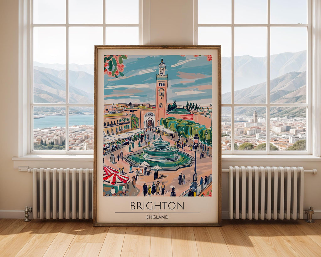 Brighton England Travel Poster | British Seaside Fountain Art Print wall art print, modern home decor, unframed artwork by Nomad & Nest