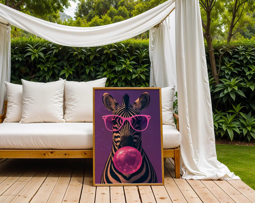 Colourful Prints | Zebra Bubblegum Art Print | Funky Pink Glasses Animal Wall Decor wall art print, modern home decor, unframed artwork by Nomad & Nest