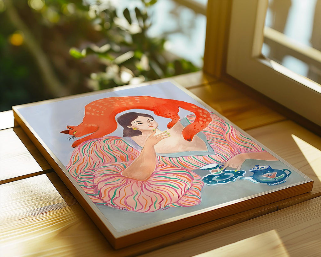 Whimsical Woman with Cat Art Print | Modern Maximalist Decor wall art print, modern home decor, unframed artwork by Nomad & Nest