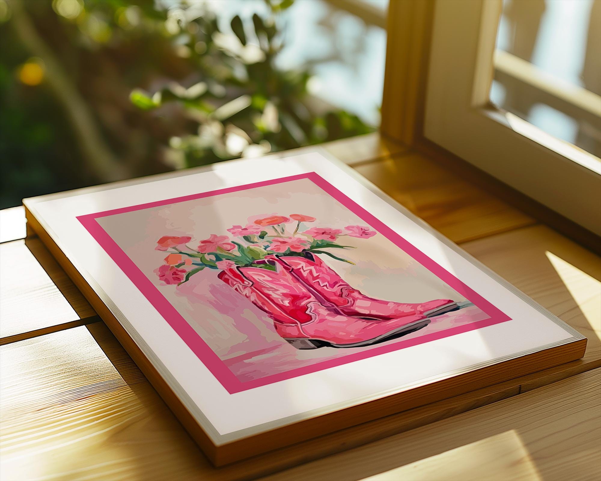 Pink Cowboy Boots Floral Print | Retro Western Wall Art wall art print, modern home decor, unframed artwork by Nomad & Nest