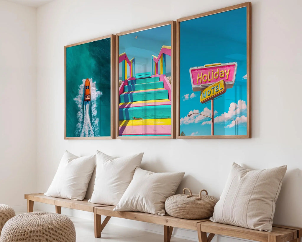 Colourful Prints | Retro Motel Wall Art Set | Vintage Summer Beach Prints Trio wall art print, modern home decor, unframed artwork by Nomad & Nest