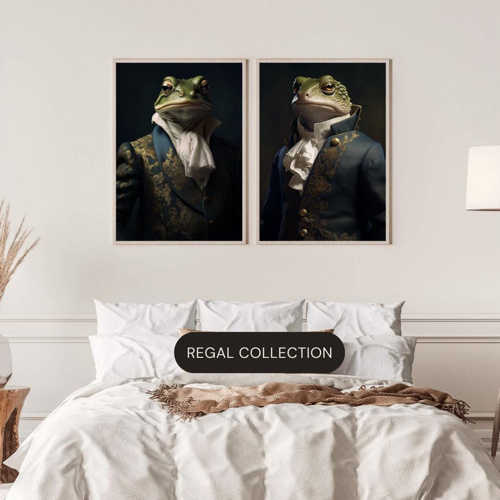 Frog Aristocrat Wall Art | Blue & Gold 18th Century Animal Portrait, Quirky Amphibian Decor wall art print, modern home decor, unframed artwork by Nomad & Nest