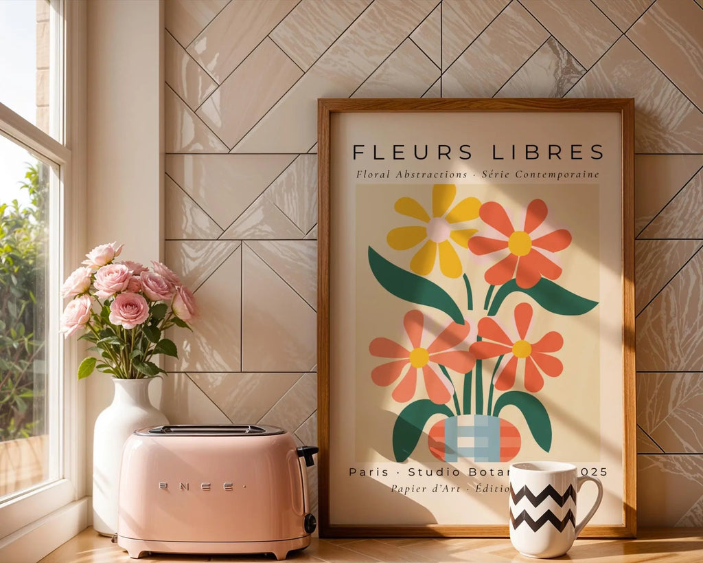 Retro Floral Vase Art Print | Mid-Century Modern, Peach Tones wall art print, modern home decor, unframed artwork by Nomad & Nest
