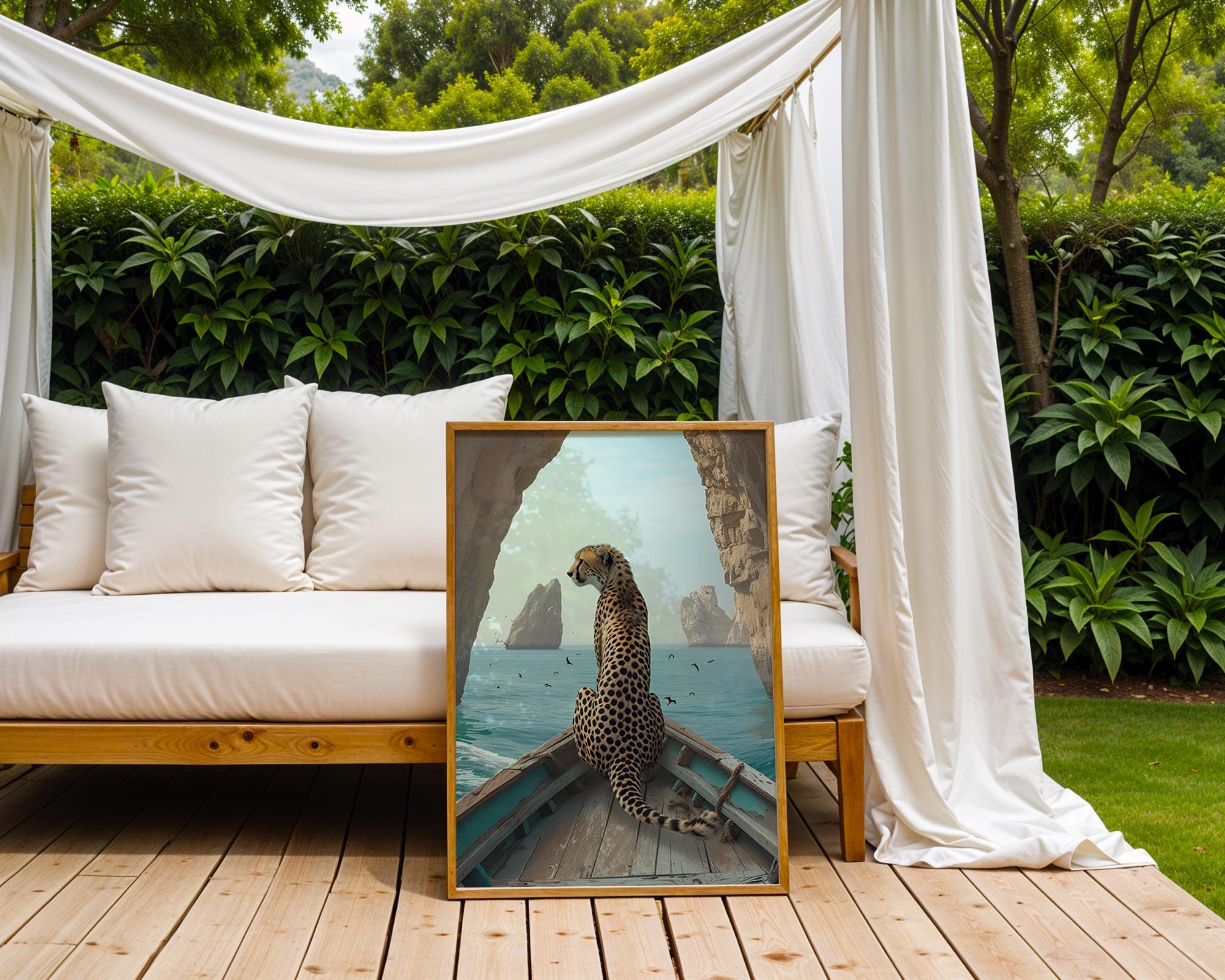 Colourful Prints | Cheetah on Boat Art Print | Coastal Safari Wall Decor wall art print, modern home decor, unframed artwork by Nomad & Nest