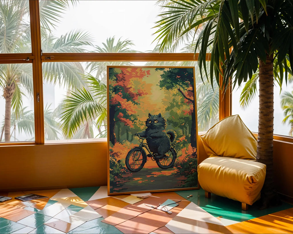 Cat Riding Bicycle Art Print | Whimsical Autumn Decor wall art print, modern home decor, unframed artwork by Nomad & Nest
