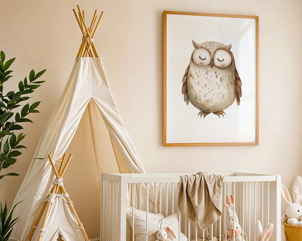 Playroom Ideas | Sleeping Owl Nursery Wall Art | Woodland Bird Baby Decor wall art print, modern home decor, unframed artwork by Nomad & Nest