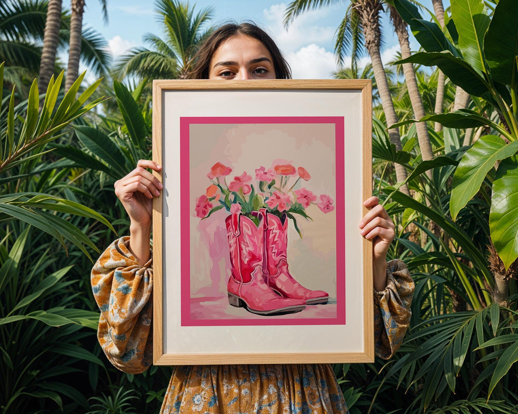 Pink Cowboy Boots Floral Print | Retro Western Wall Art wall art print, modern home decor, unframed artwork by Nomad & Nest