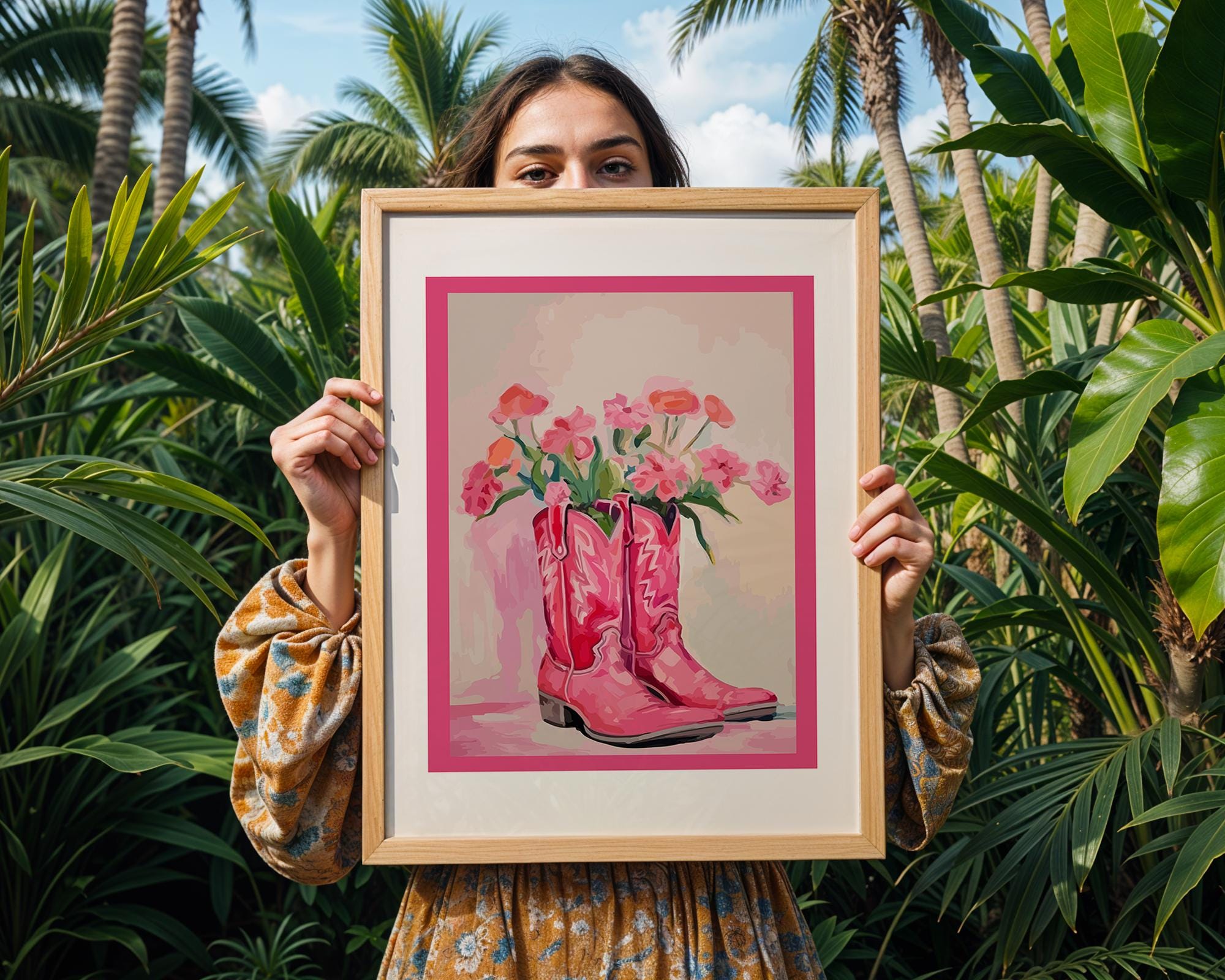 Pink Cowboy Boots Floral Print | Retro Western Wall Art wall art print, modern home decor, unframed artwork by Nomad & Nest