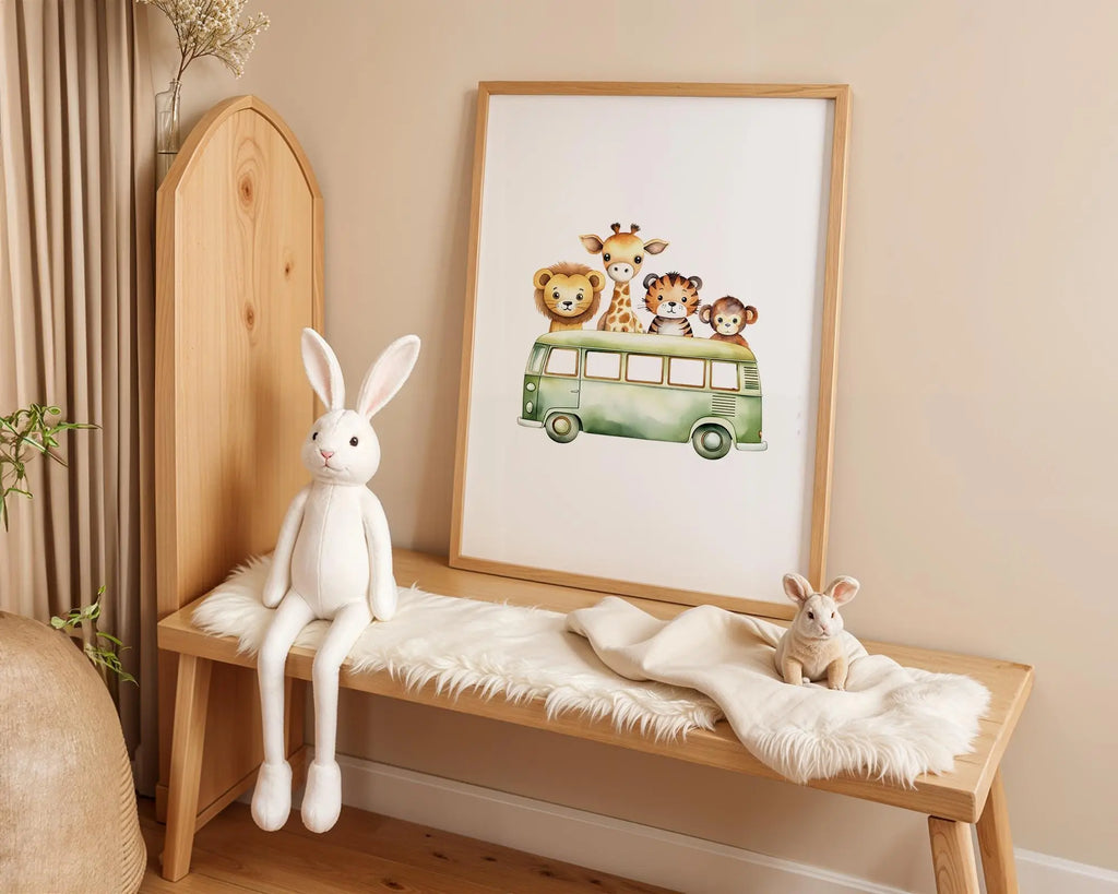 Playroom Ideas | Safari Animal Bus Nursery Wall Art Jungle Adventure Print wall art print, modern home decor, unframed artwork by Nomad & Nest