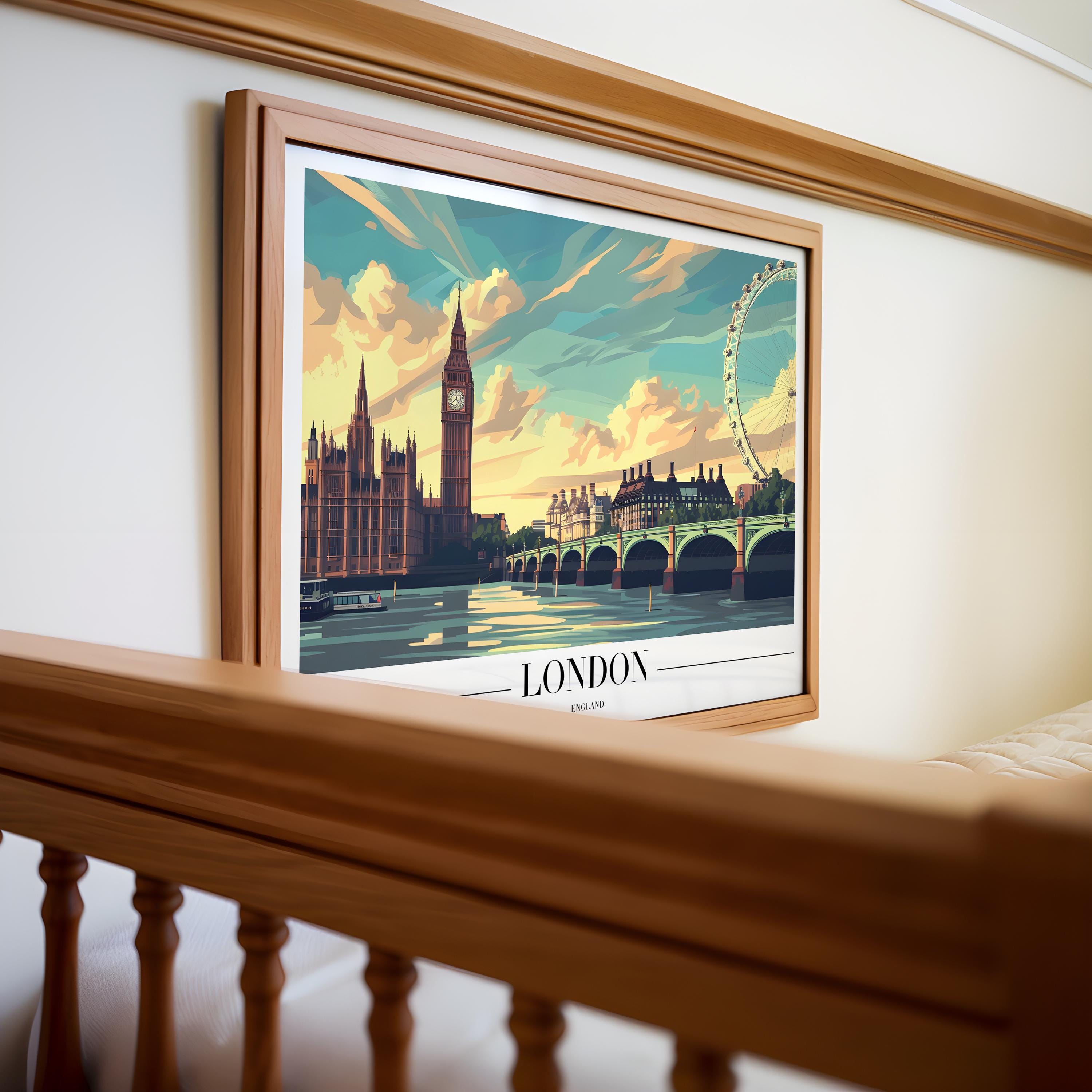 London Travel Poster | Big Ben, London Eye Art Print wall art print, modern home decor, unframed artwork by Nomad & Nest