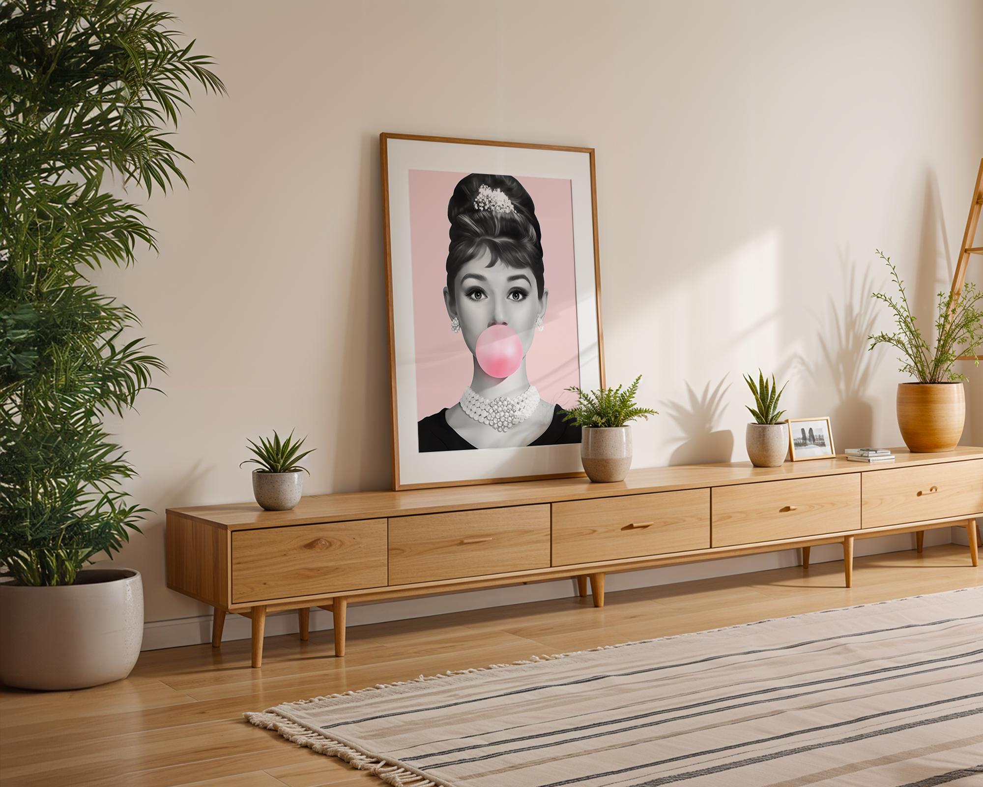 Modern Pop Art | Audrey Hepburn Bubblegum  Print | Elegant Hollywood Poster wall art print, modern home decor, unframed artwork by Nomad & Nest