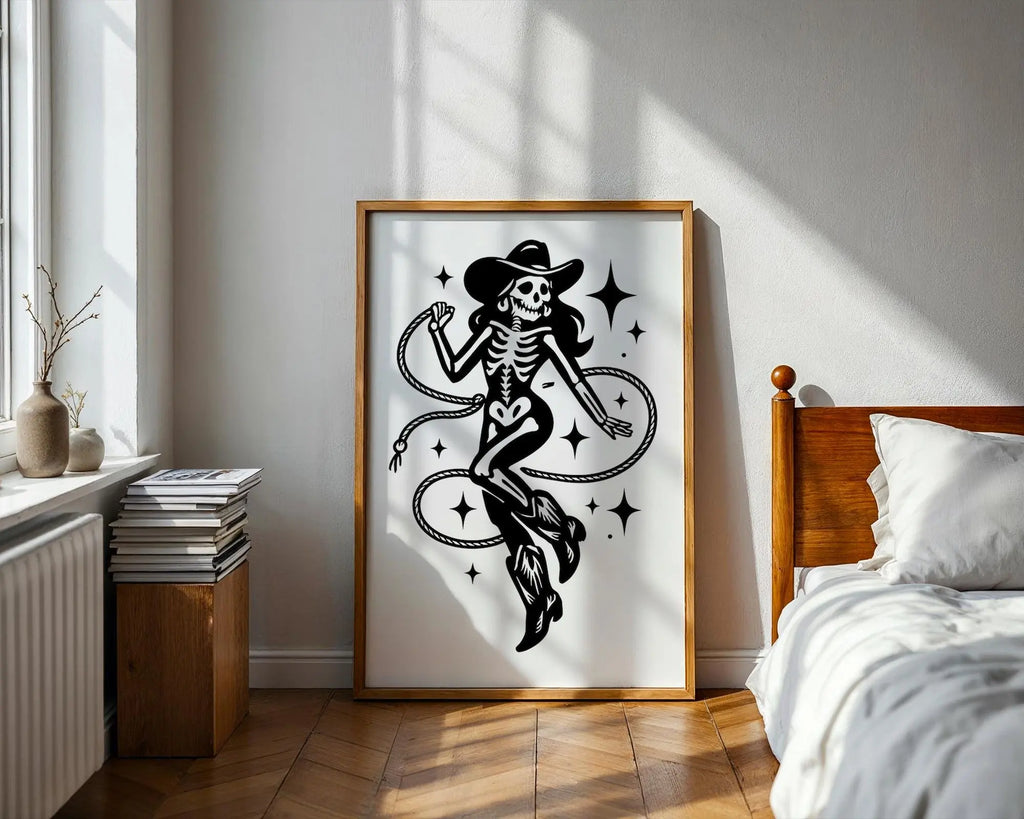 Gothic Cowgirl Skeleton Art Print – Dark Western Wall Decor wall art print, modern home decor, unframed artwork by Nomad & Nest
