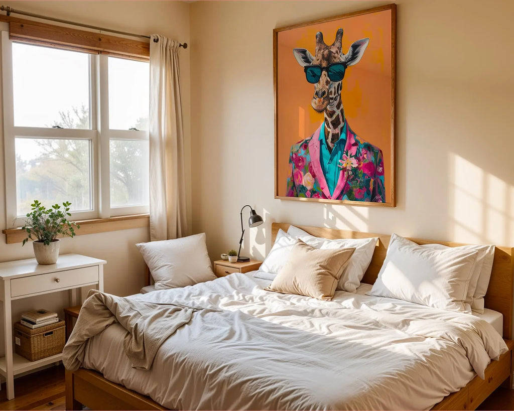 Colourful Prints | Giraffe in Floral Suit Art Print | Quirky Animal Portrait wall art print, modern home decor, unframed artwork by Nomad & Nest
