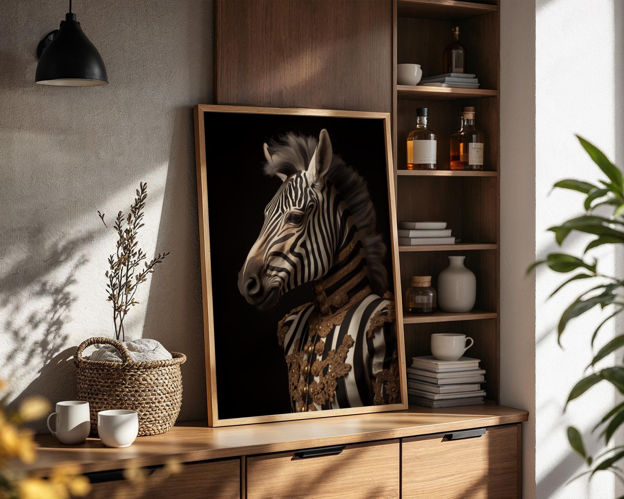 Zebra Portrait Print | Gold Military Jacket Animal Wall Art wall art print, modern home decor, unframed artwork by Nomad & Nest