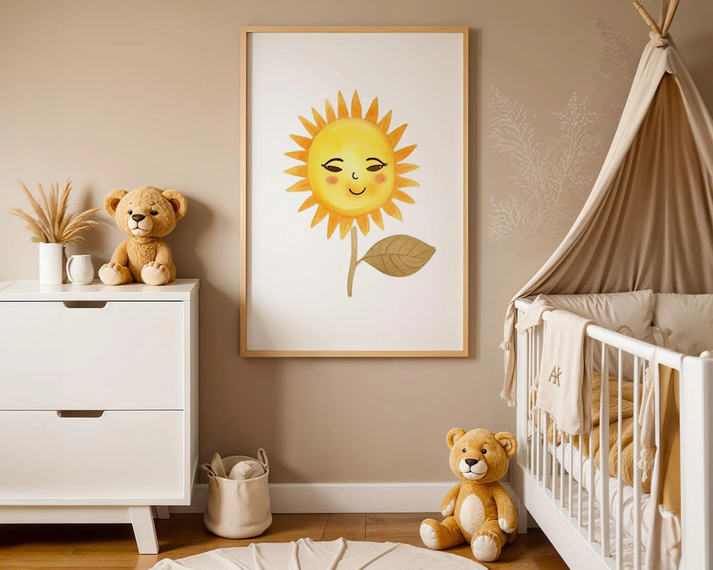 Playroom Ideas | Sunflower Face Nursery Wall Art Cheerful Baby Decor wall art print, modern home decor, unframed artwork by Nomad & Nest