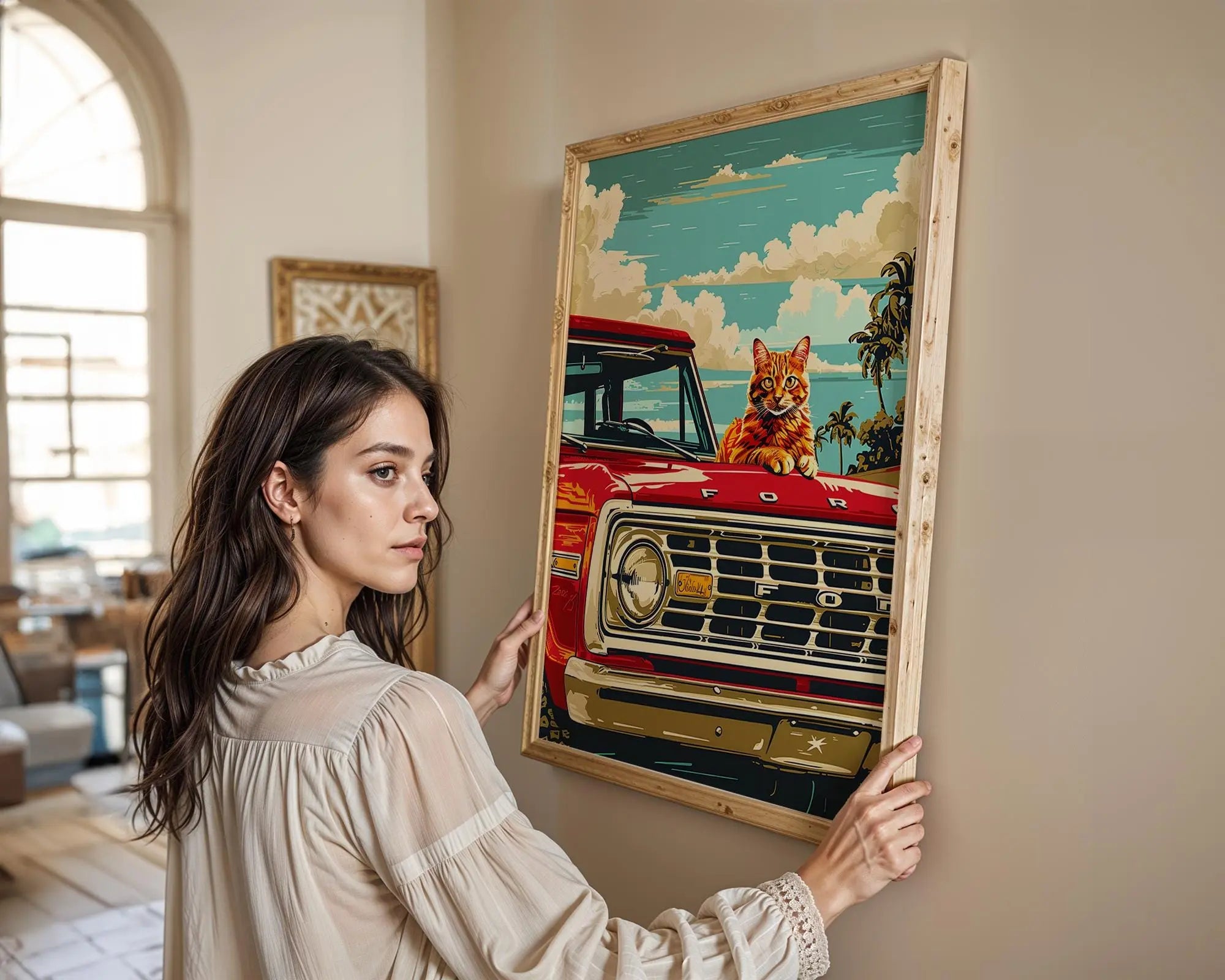 Modern Pop Art | Retro Cat  Print | Classic Red Ford Truck, Coastal  Decor wall art print, modern home decor, unframed artwork by Nomad & Nest